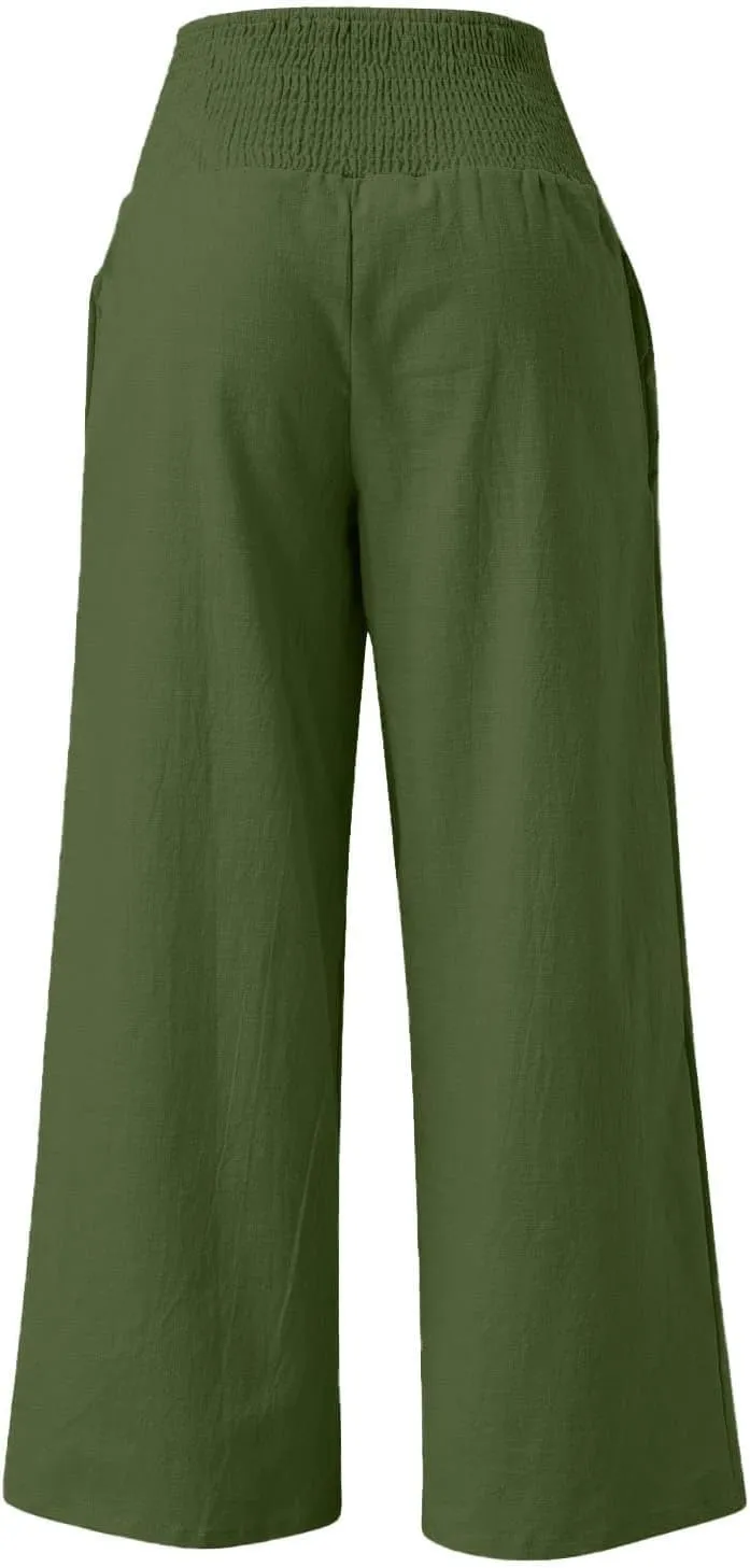 Khaki Linen Pants Women Wide Leg Flowy Breathable Friends' Gathering Beach Pants Spring Themed Party Casual Trousers