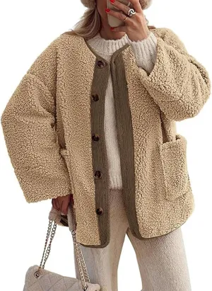 Kissonic Womens Fuzzy Sherpa Fleece Jackets Button Down Long Sleeve Corduroy Patchwork Outwear with Pockets