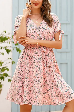 Knot Shoulder V-neck Chiffon Floral Dress