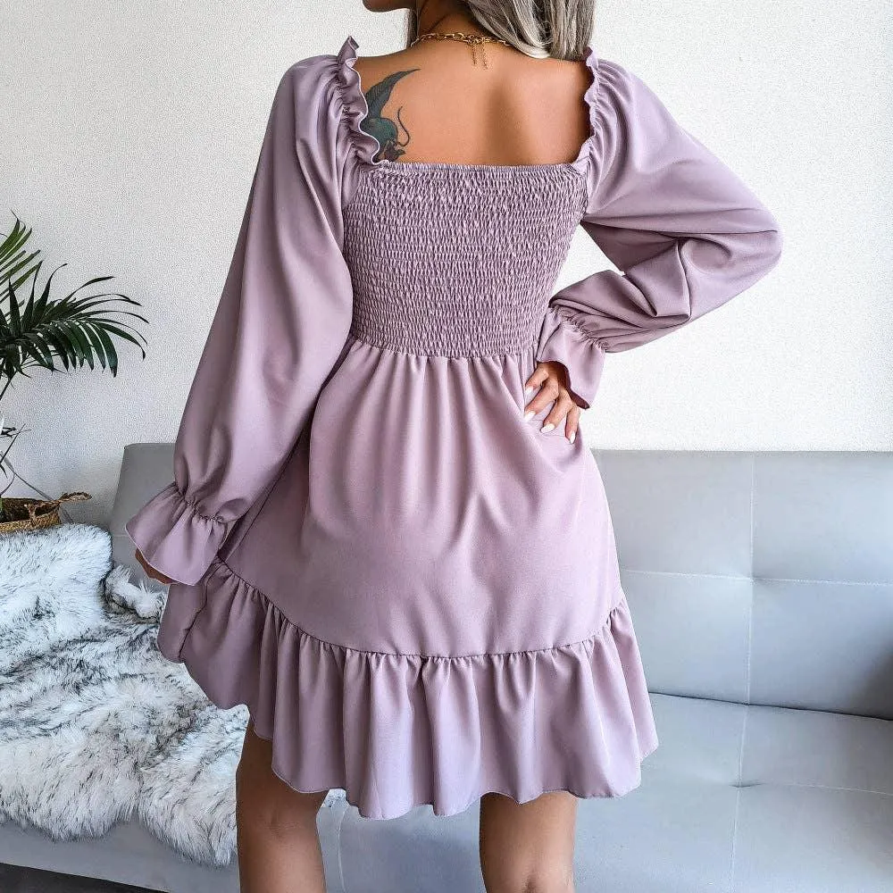 Ladies Solid Square Collar Long Sleeves Dress 8326