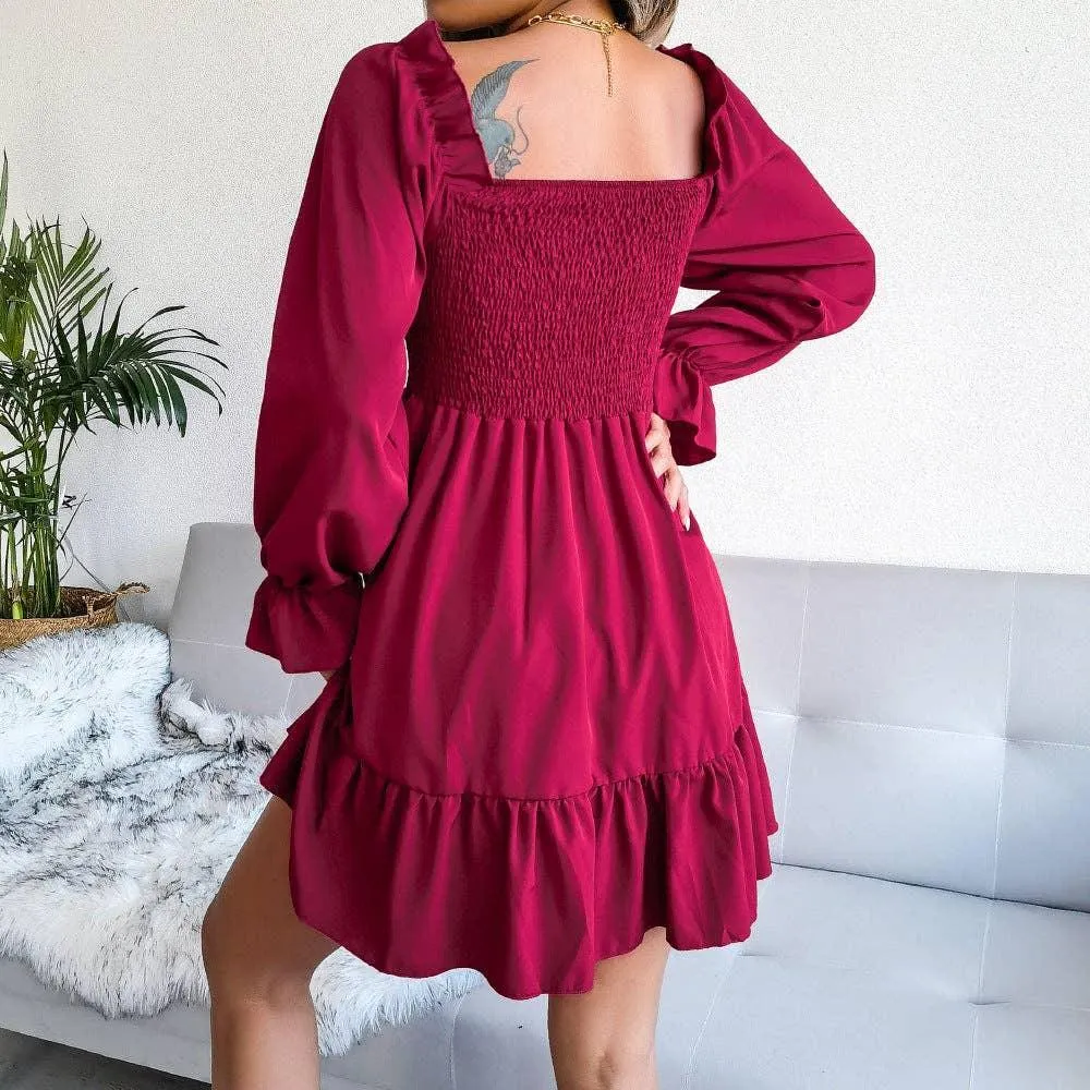 Ladies Solid Square Collar Long Sleeves Dress 8326