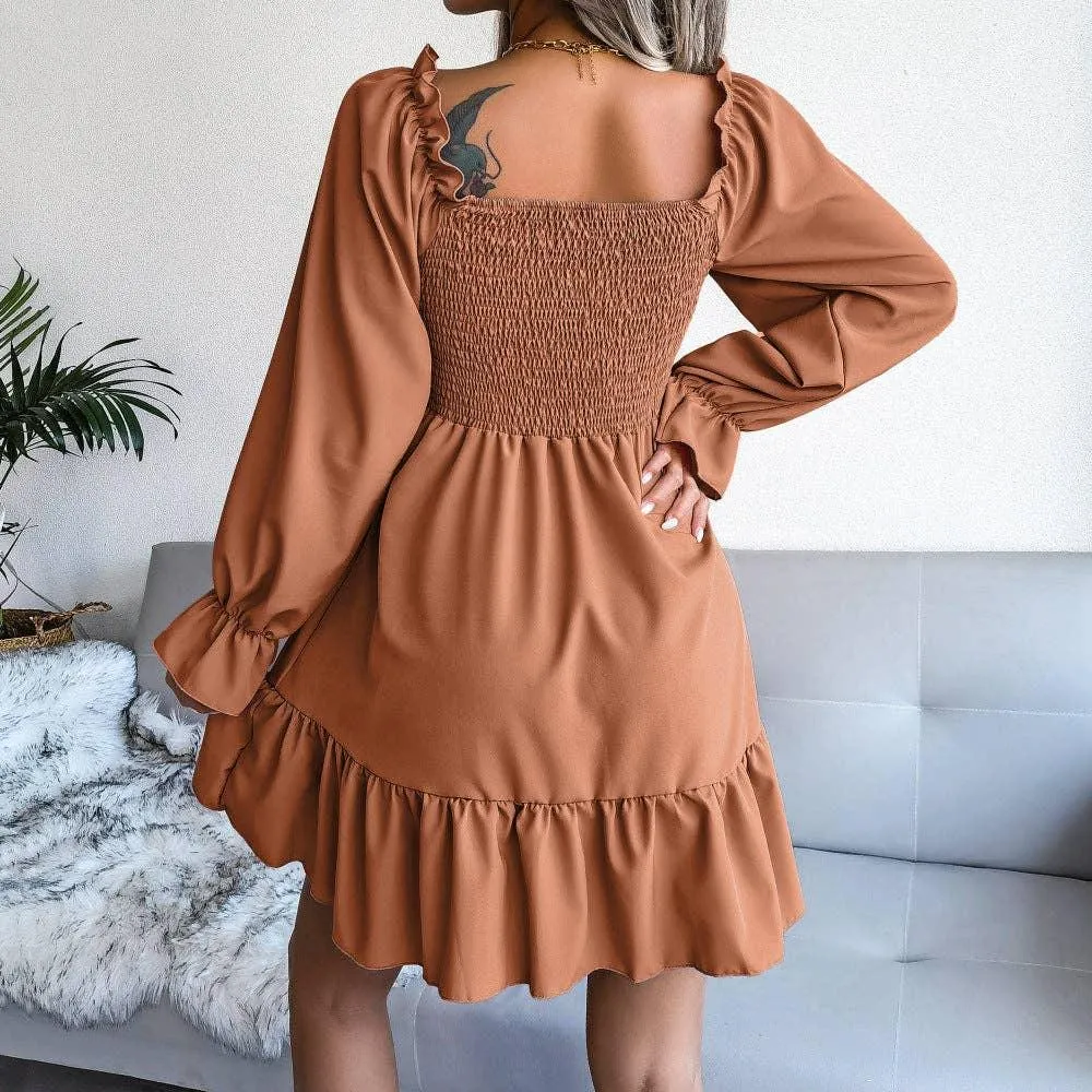 Ladies Solid Square Collar Long Sleeves Dress 8326