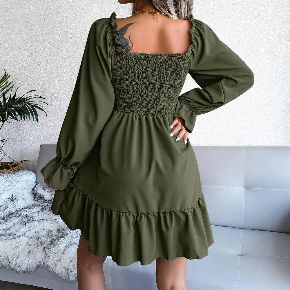 Ladies Solid Square Collar Long Sleeves Dress 8326