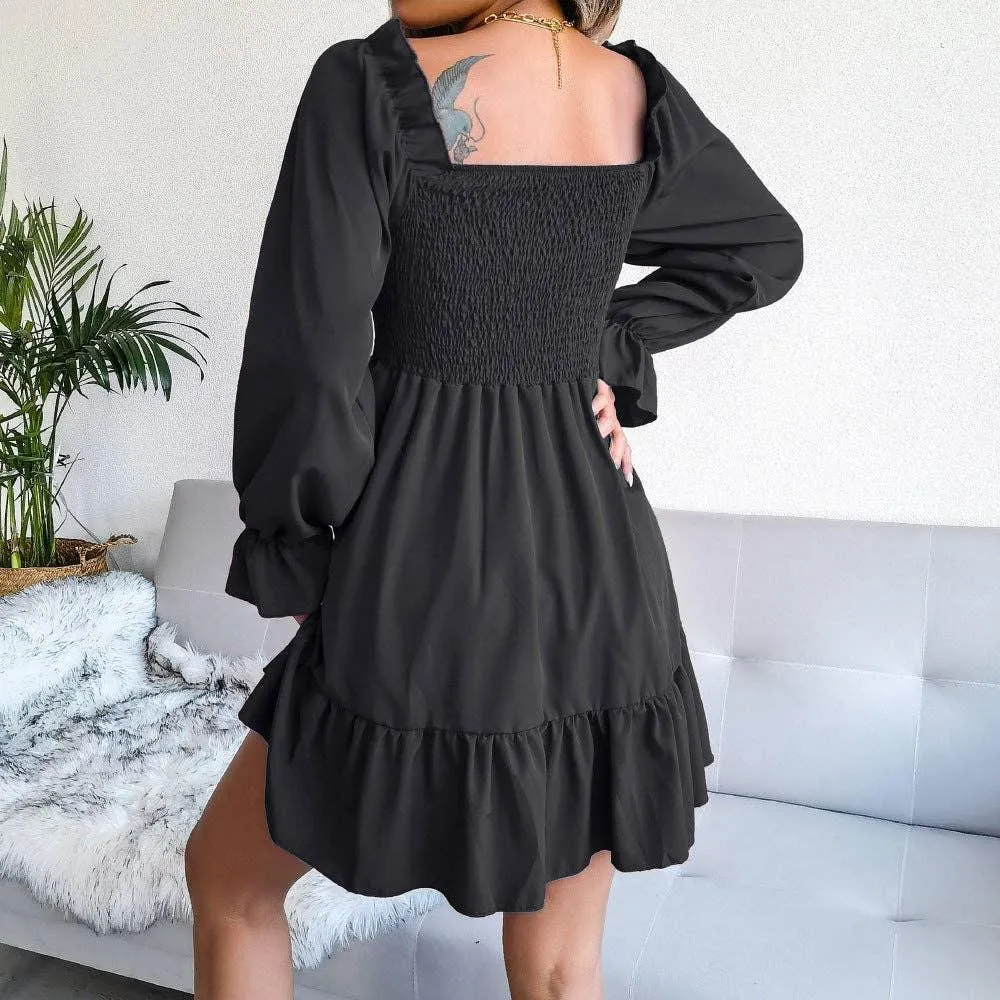 Ladies Solid Square Collar Long Sleeves Dress 8326