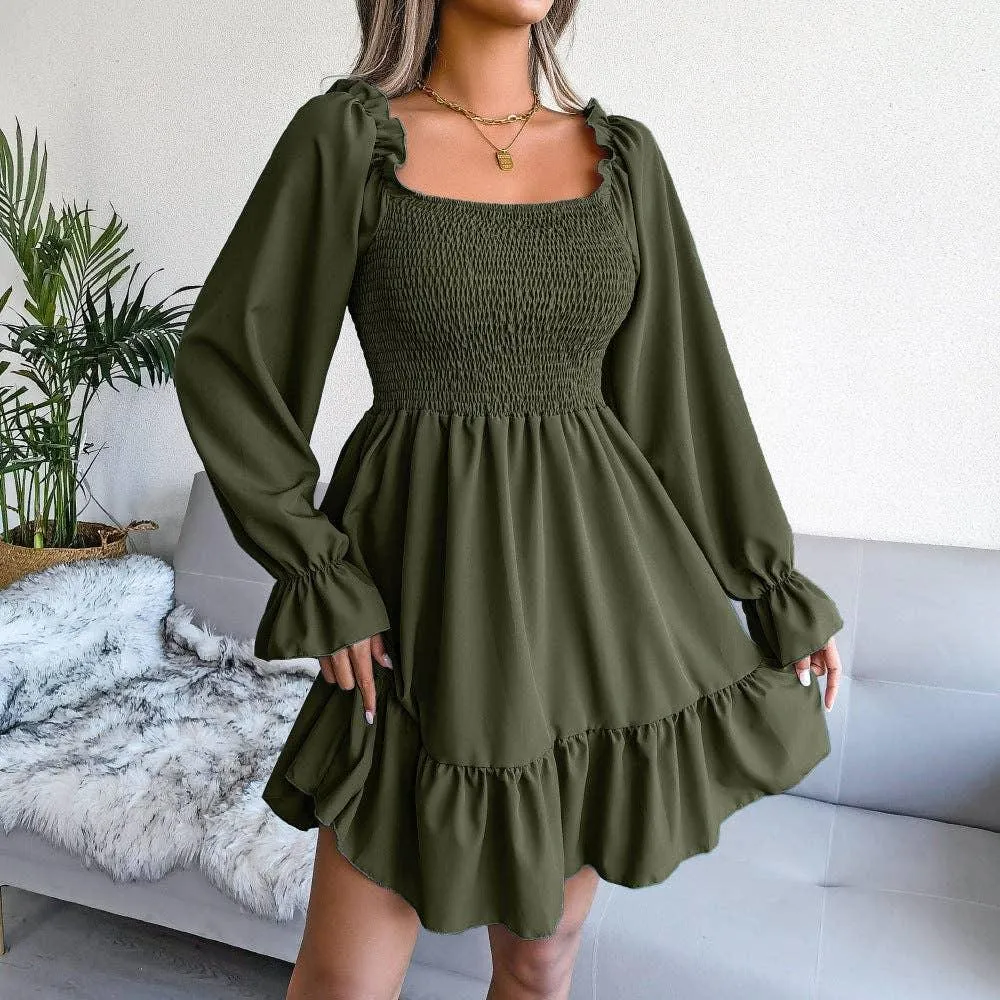 Ladies Solid Square Collar Long Sleeves Dress 8326