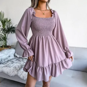 Ladies Solid Square Collar Long Sleeves Dress 8326