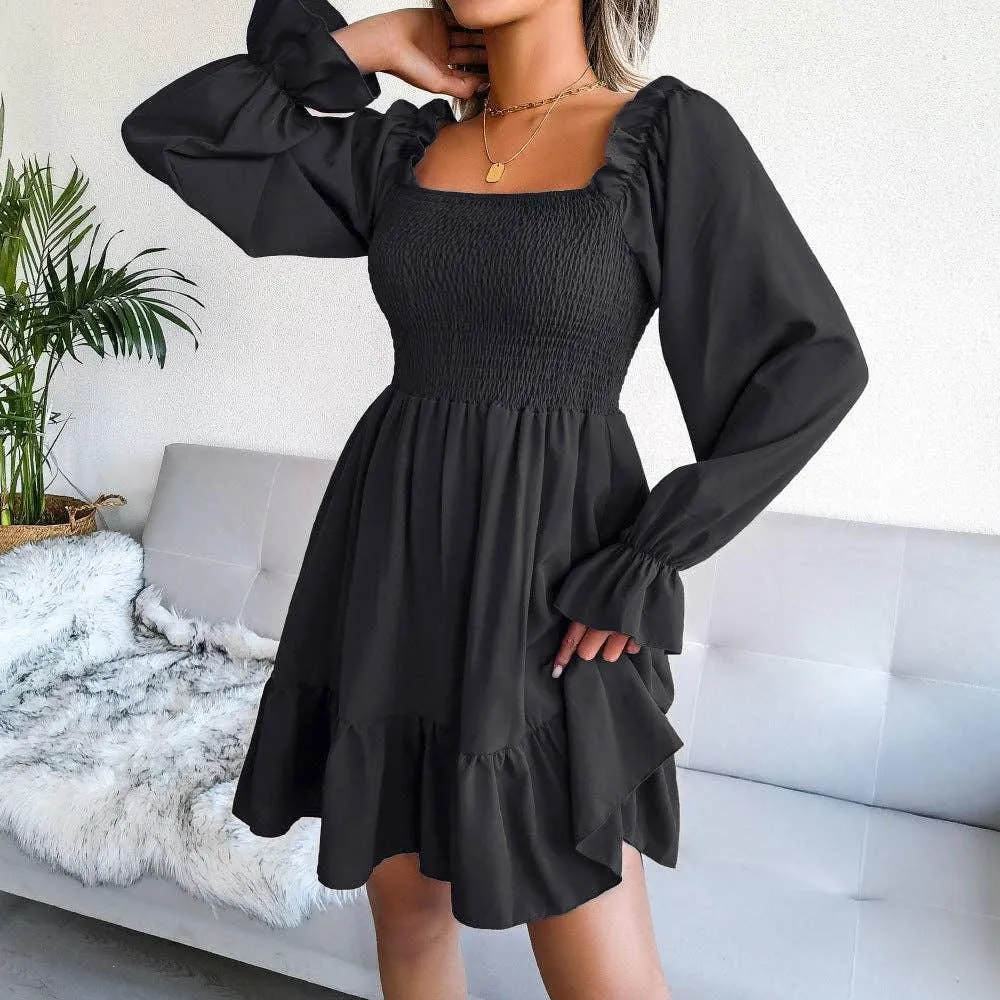 Ladies Solid Square Collar Long Sleeves Dress 8326