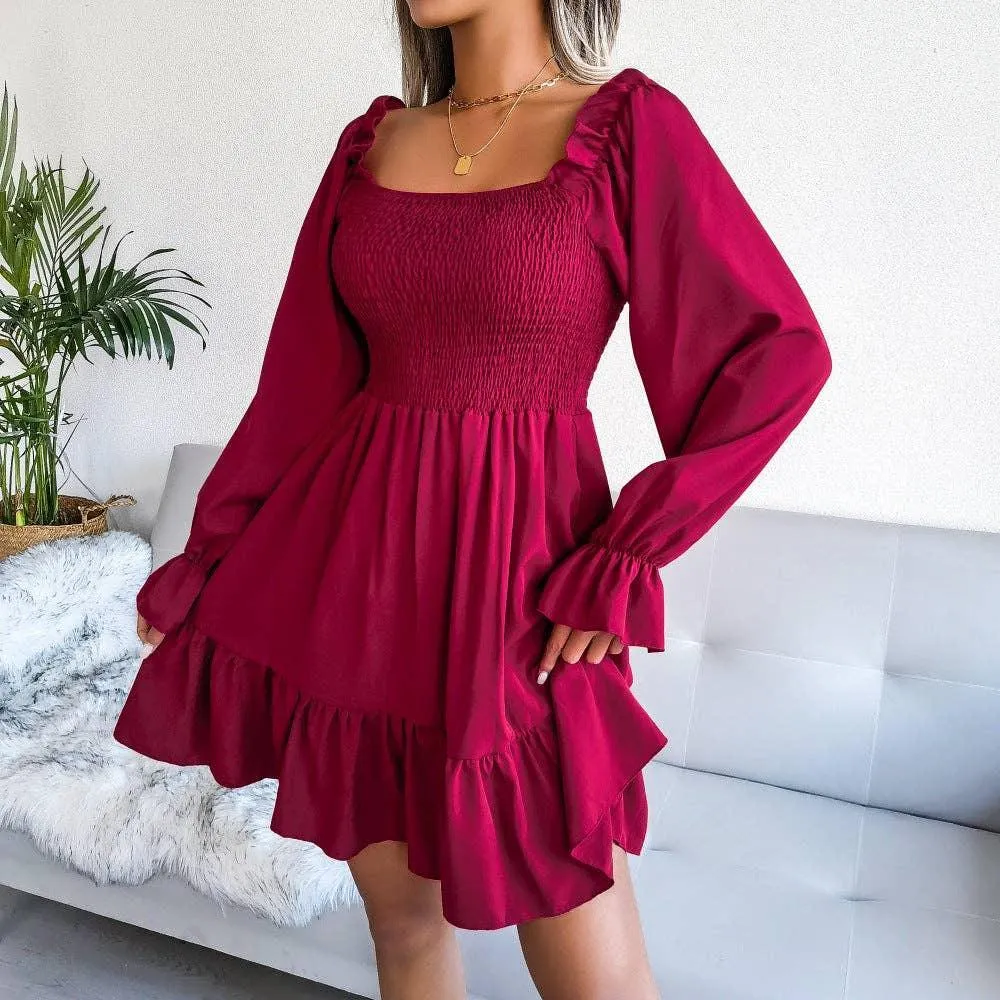 Ladies Solid Square Collar Long Sleeves Dress 8326