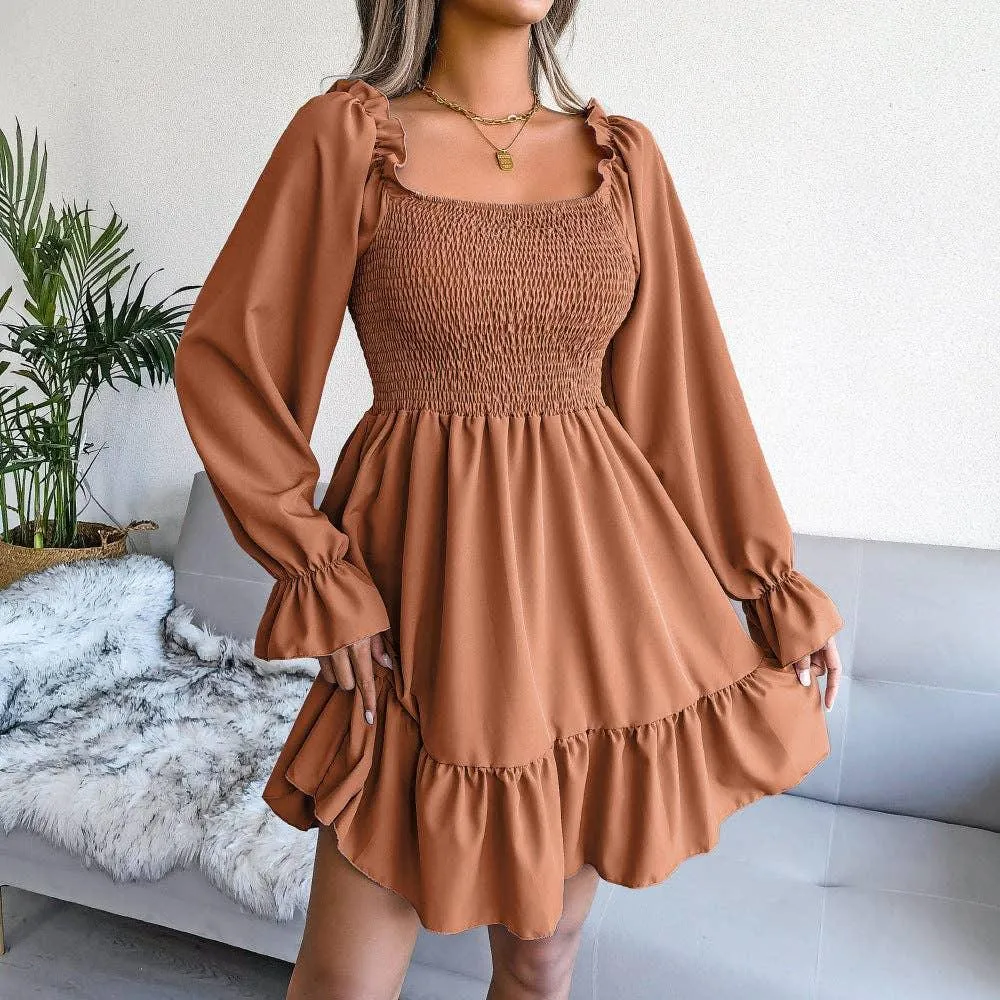 Ladies Solid Square Collar Long Sleeves Dress 8326