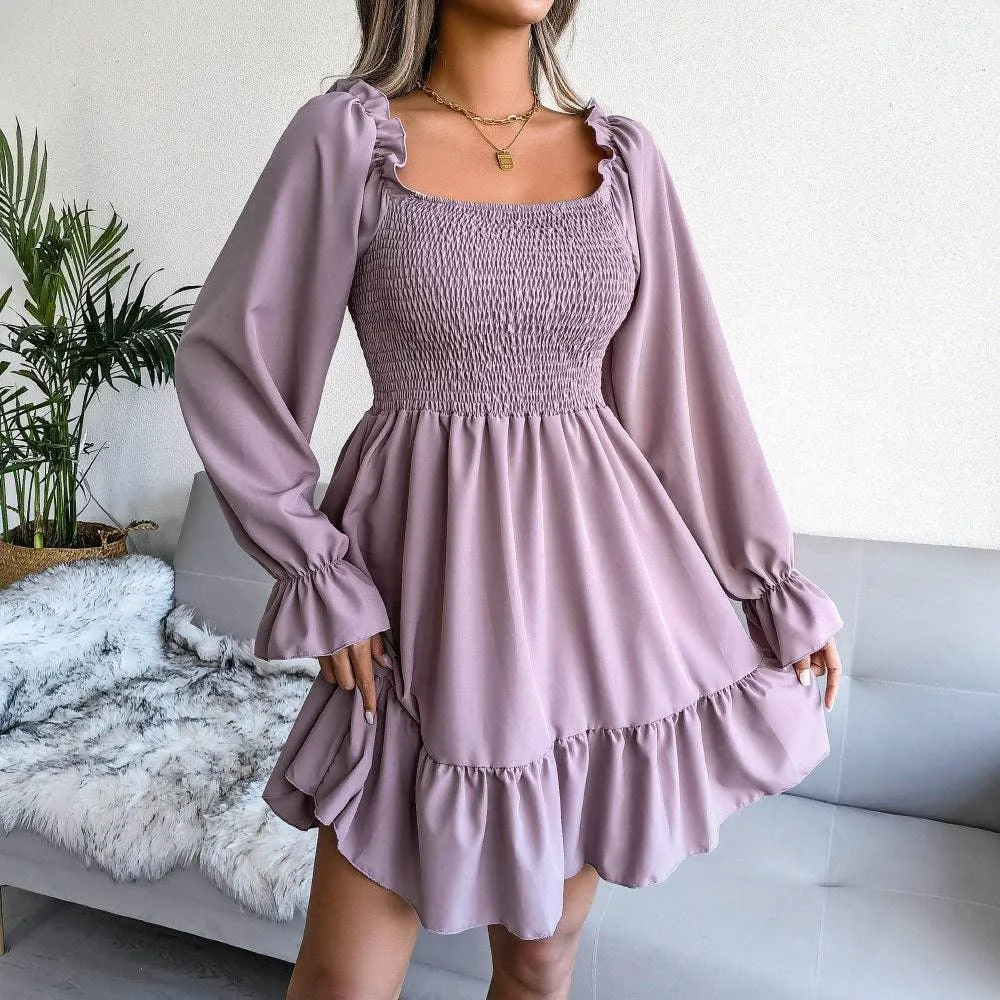 Ladies Solid Square Collar Long Sleeves Dress 8326