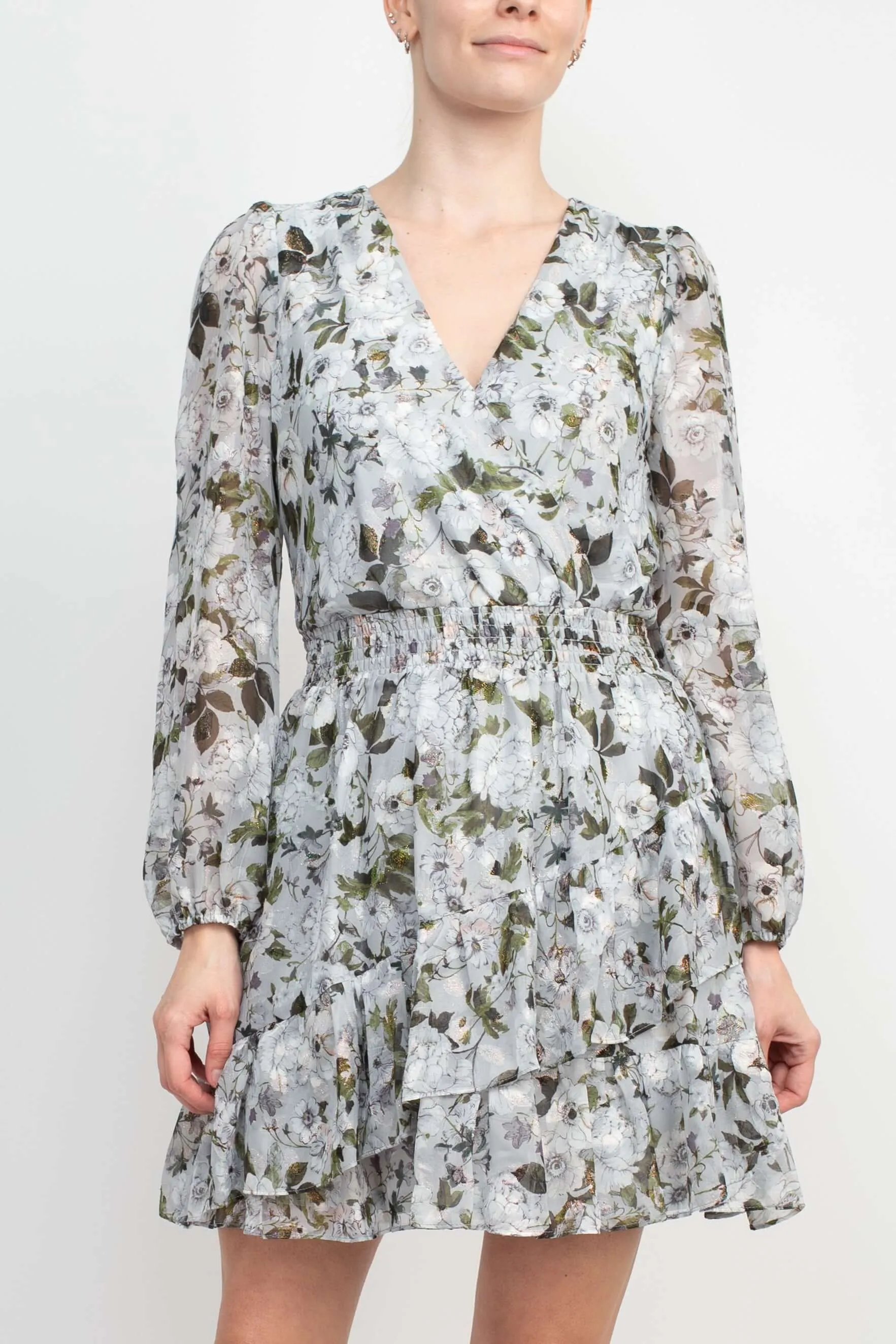 Laundry V-Neck Elastic Cuff Long Sleeve Elastic Waist Tiered Hem Floral Print Chiffon Dress