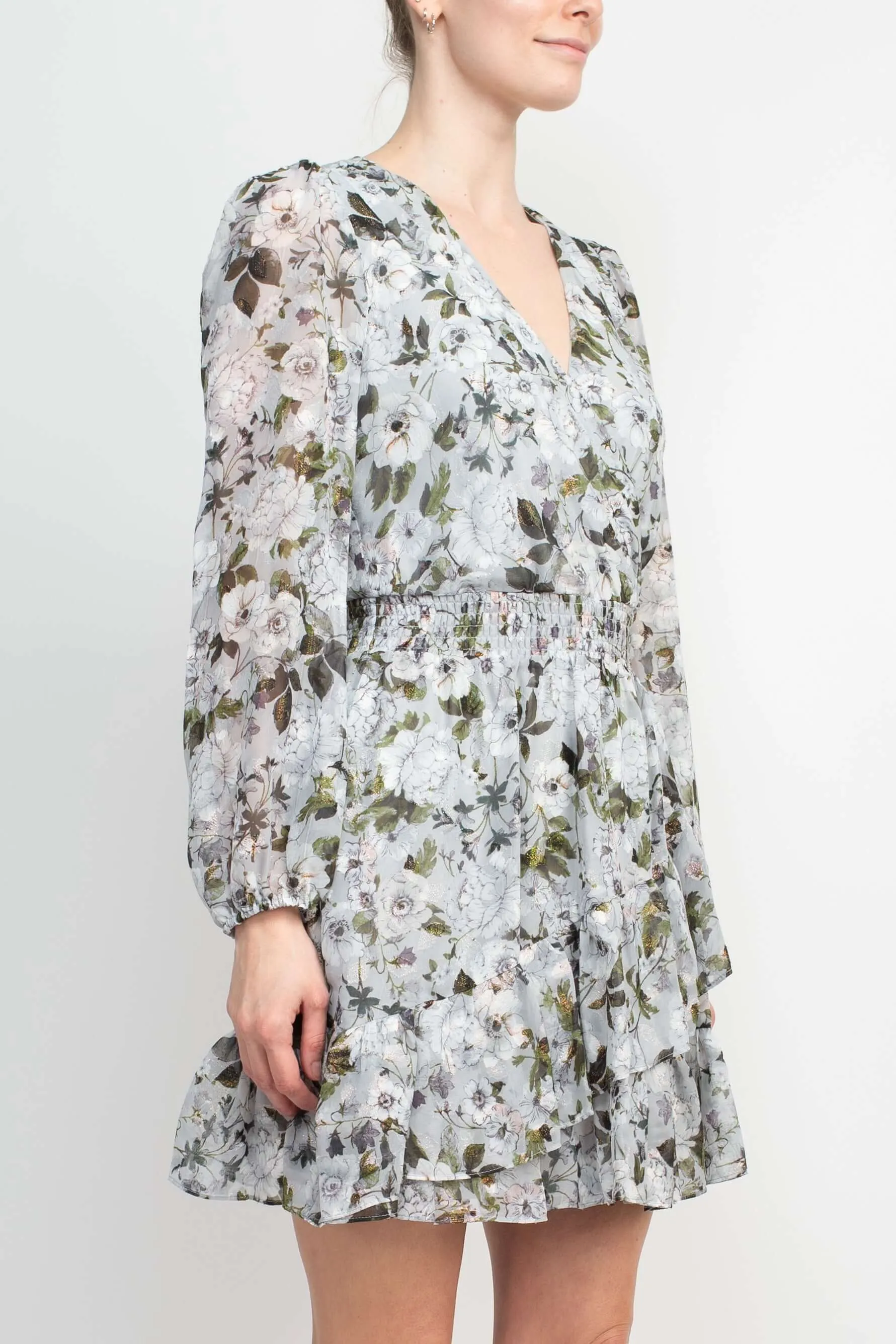 Laundry V-Neck Elastic Cuff Long Sleeve Elastic Waist Tiered Hem Floral Print Chiffon Dress