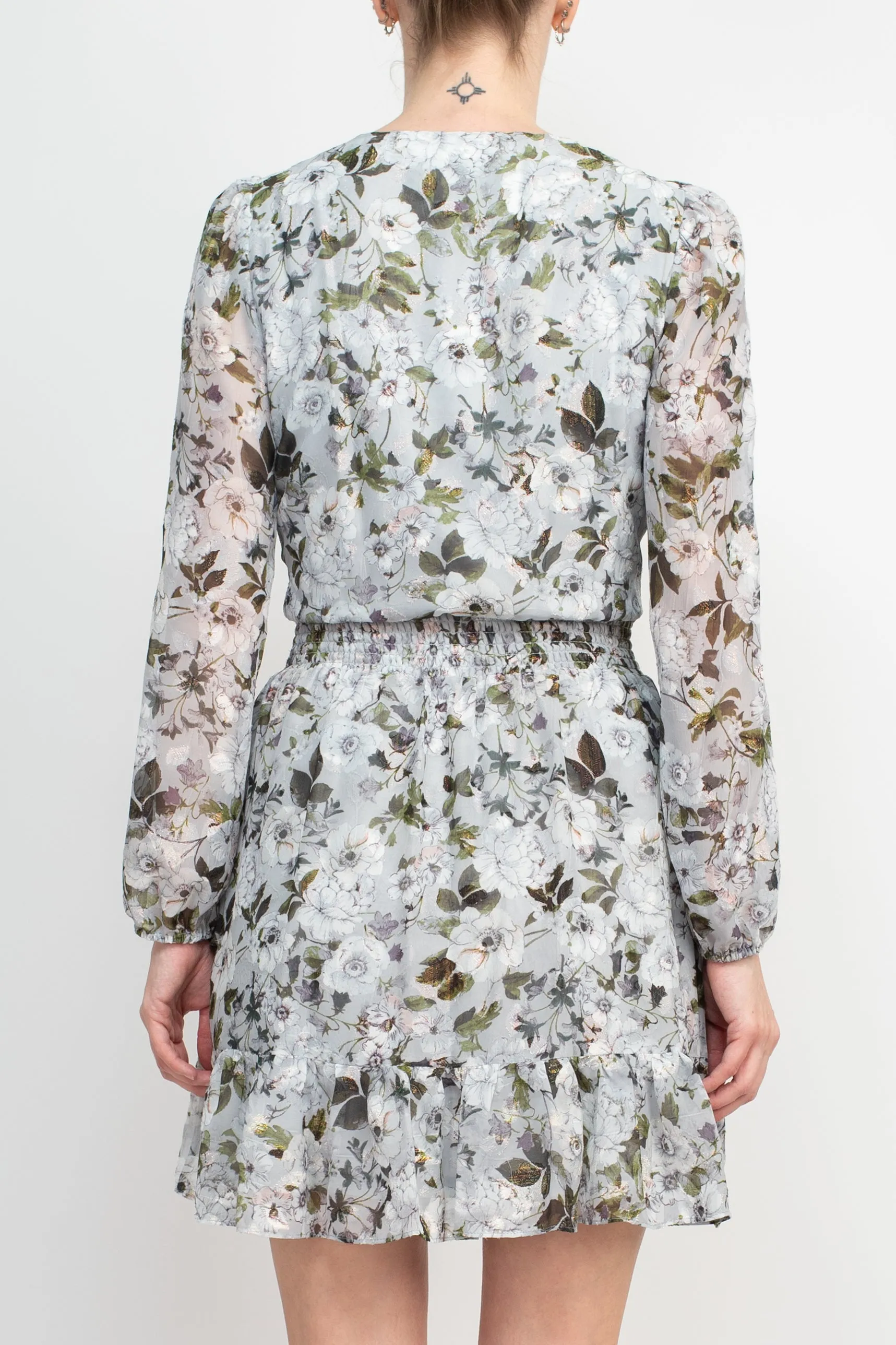 Laundry V-Neck Elastic Cuff Long Sleeve Elastic Waist Tiered Hem Floral Print Chiffon Dress