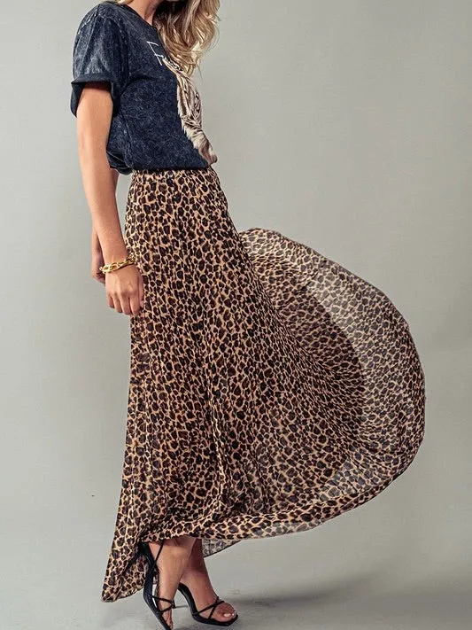 Leopard Animal Print Pleated Maxi Skirt