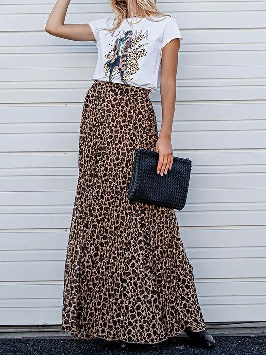 Leopard Animal Print Pleated Maxi Skirt