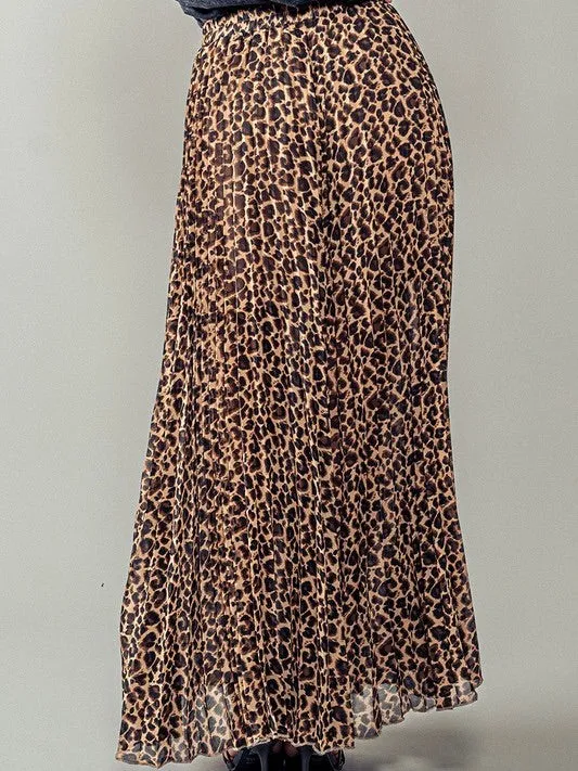 Leopard Animal Print Pleated Maxi Skirt