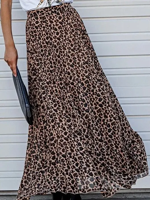 Leopard Animal Print Pleated Maxi Skirt