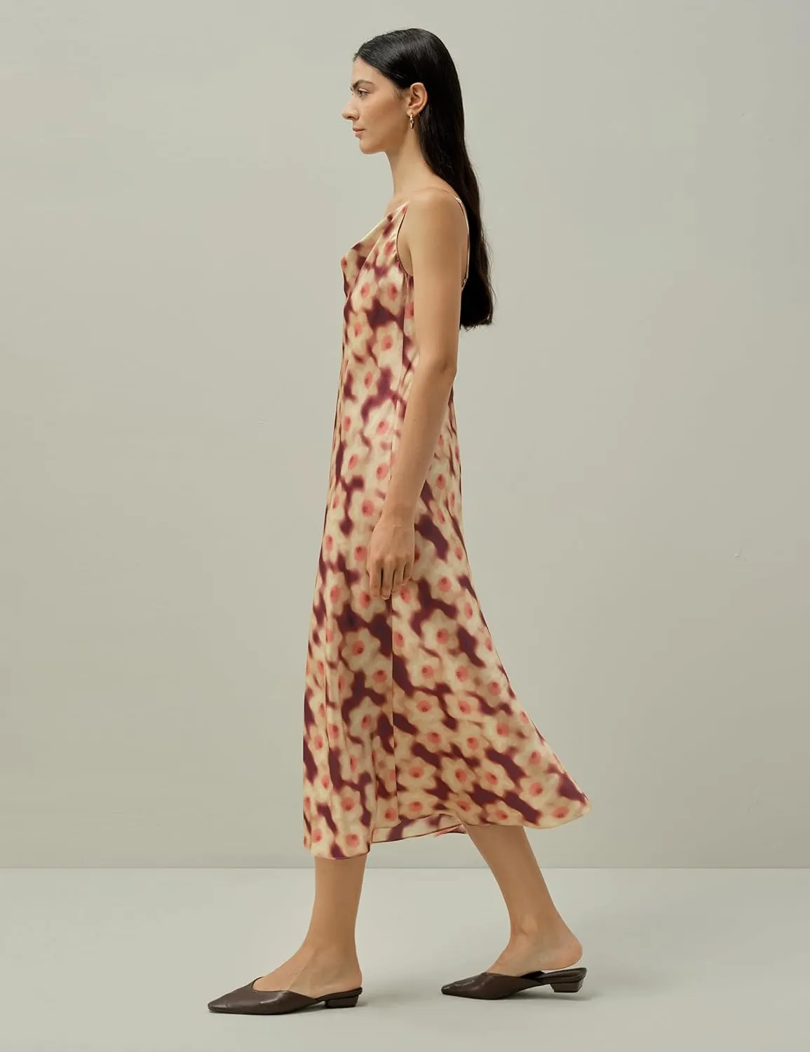 LilySilk Daffodil Print Silk Slip Dress Made with Liberty Fabric Floral Print Cowl Neck Ankle Length Sleeveless Holiday Dress