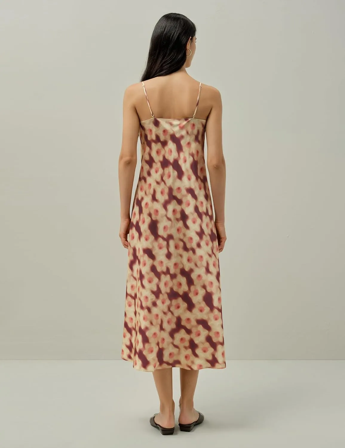 LilySilk Daffodil Print Silk Slip Dress Made with Liberty Fabric Floral Print Cowl Neck Ankle Length Sleeveless Holiday Dress