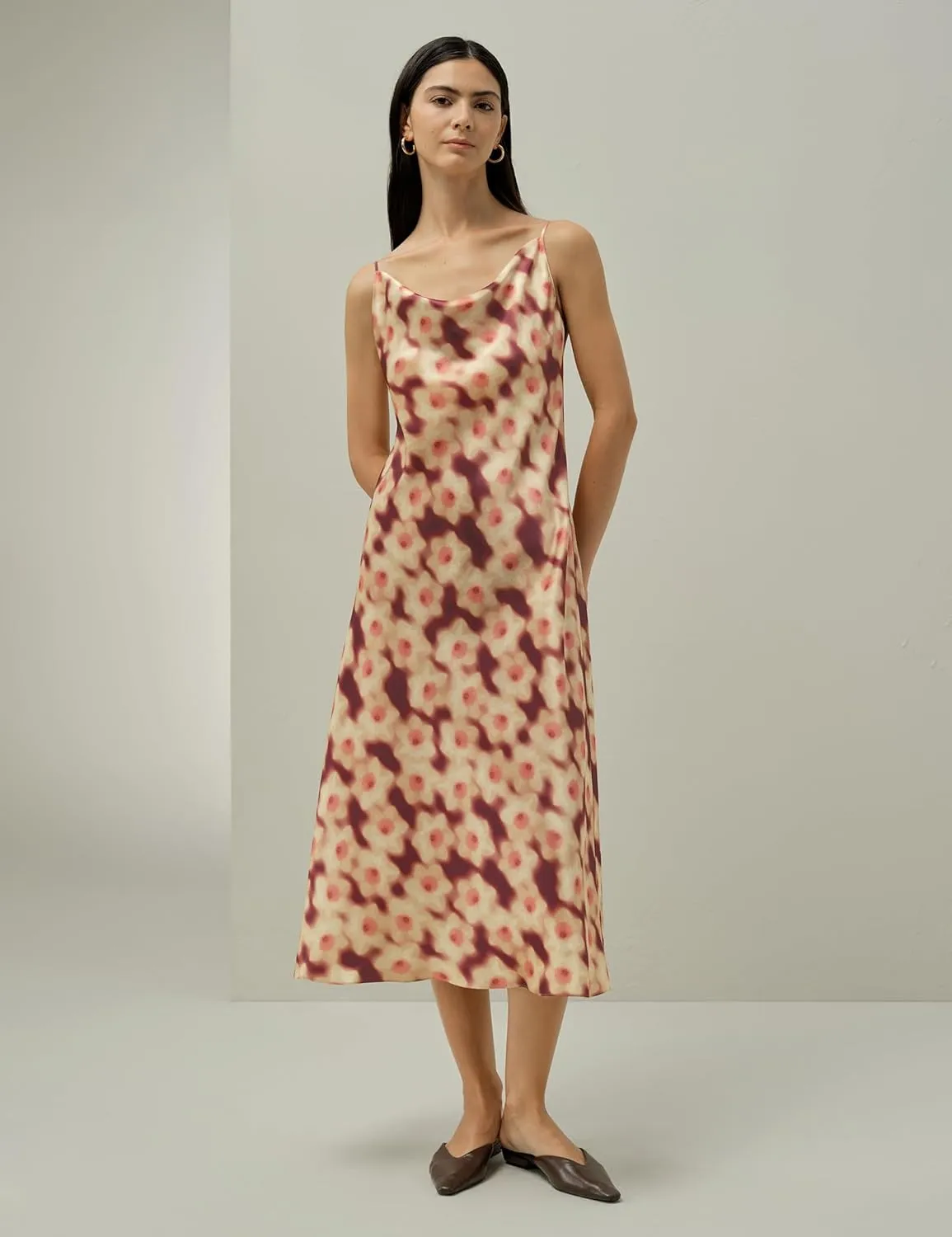 LilySilk Daffodil Print Silk Slip Dress Made with Liberty Fabric Floral Print Cowl Neck Ankle Length Sleeveless Holiday Dress