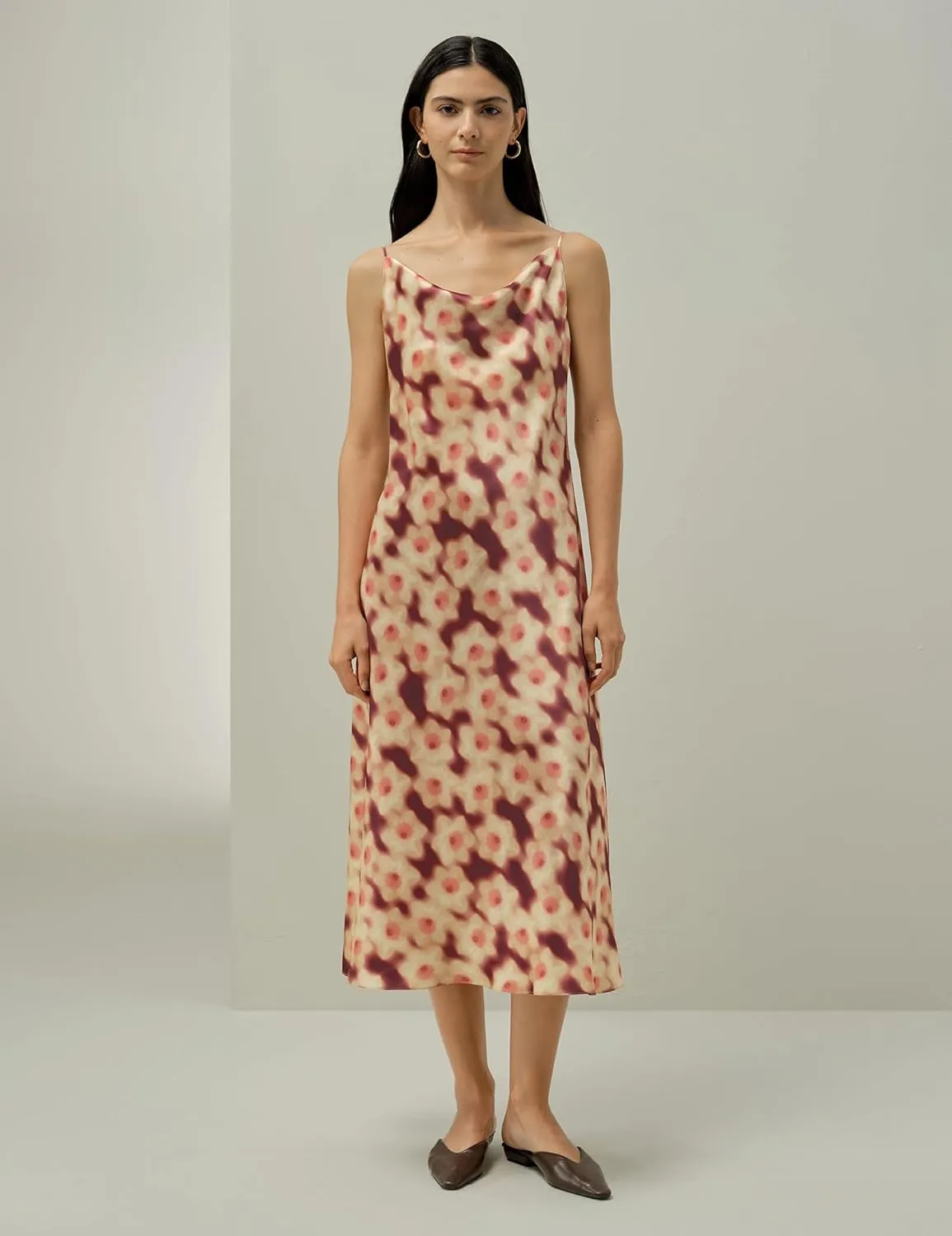 LilySilk Daffodil Print Silk Slip Dress Made with Liberty Fabric Floral Print Cowl Neck Ankle Length Sleeveless Holiday Dress