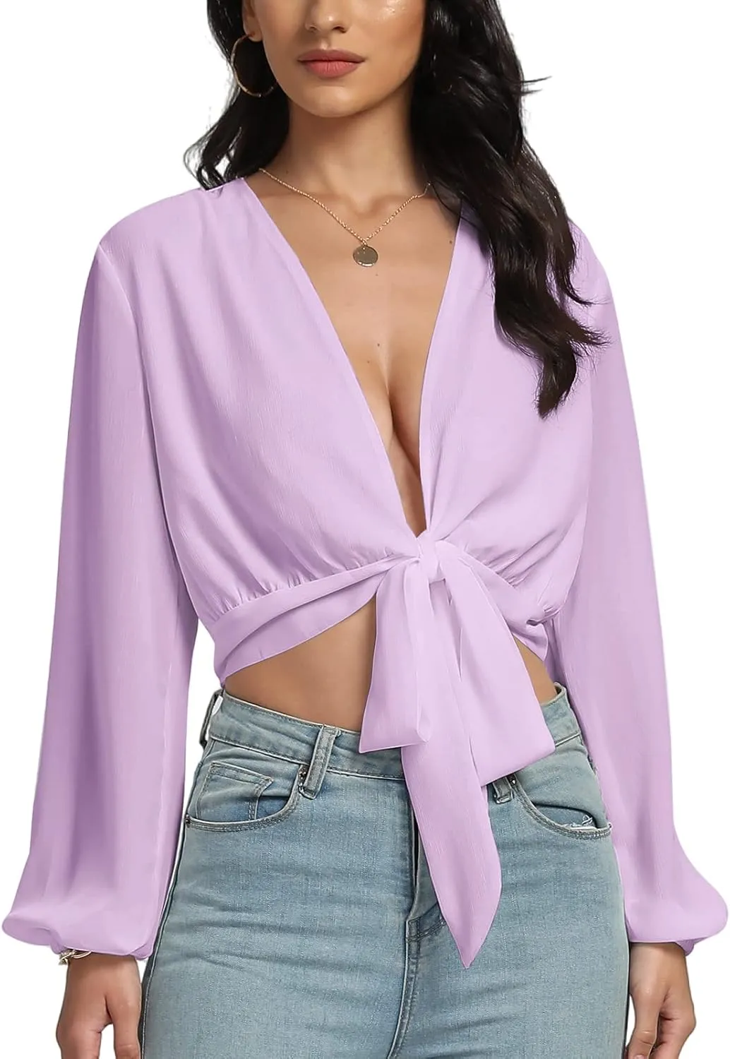 LYANER Women's Deep V Neck Long Sleeve Tie Front Knot Sexy Wrap Crop Top Blouse