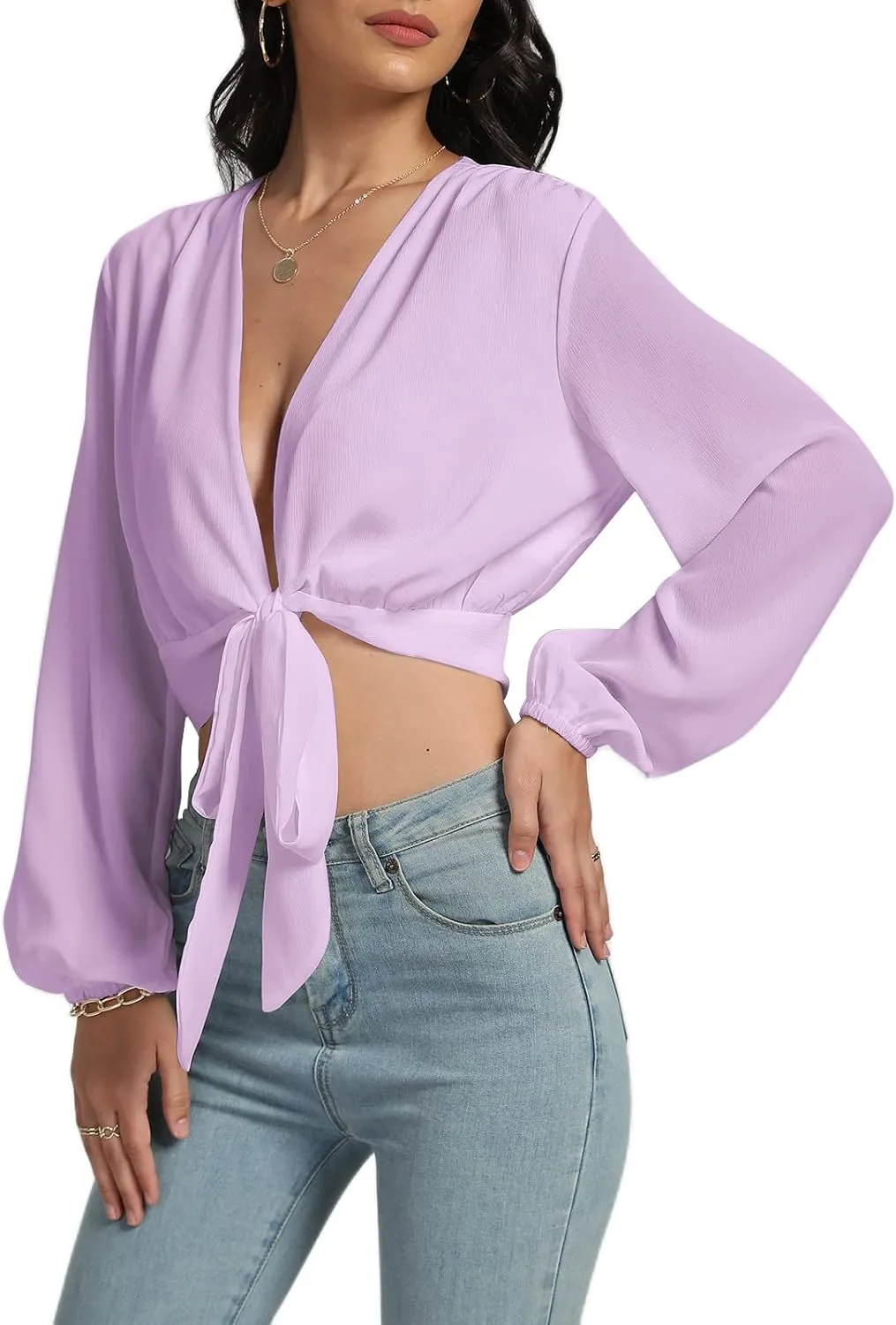LYANER Women's Deep V Neck Long Sleeve Tie Front Knot Sexy Wrap Crop Top Blouse