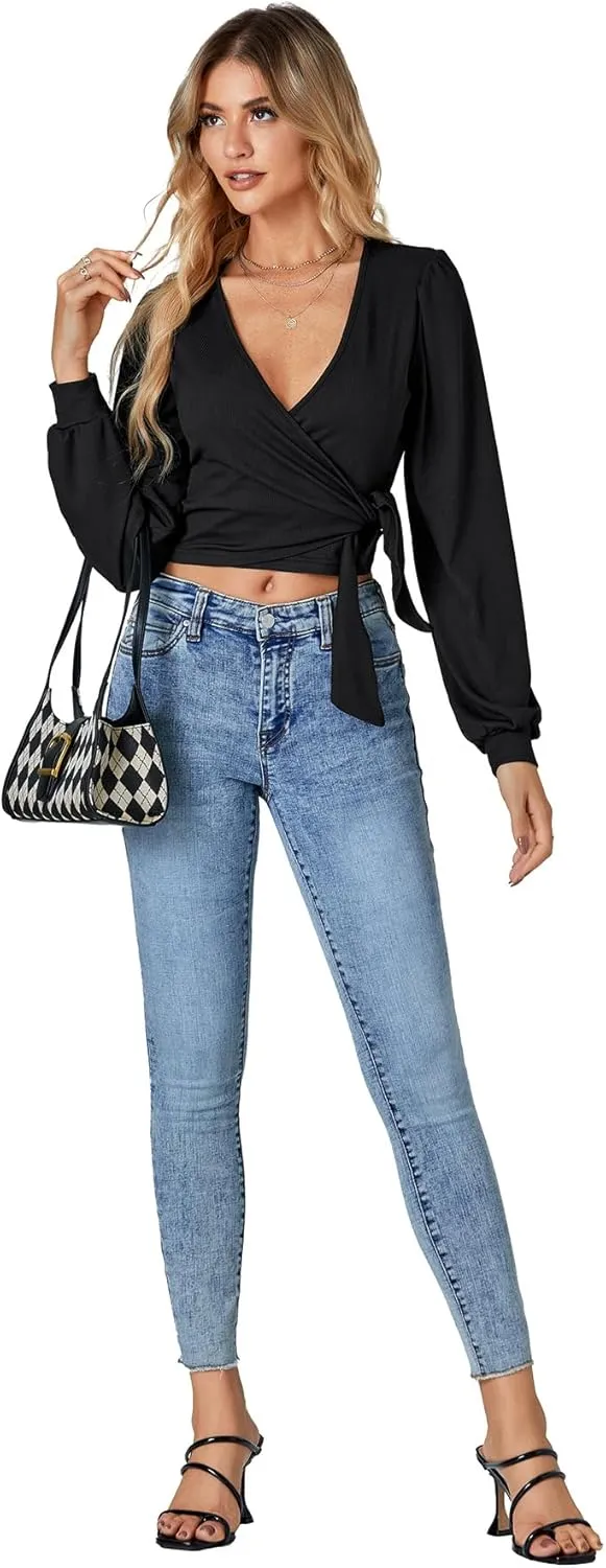 LYANER Women's Wrap V Neck Self Tie Knot Bishop Long Sleeve Ribbed Knit Crop Blouse T-Shirt Top