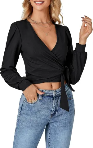 LYANER Women's Wrap V Neck Self Tie Knot Bishop Long Sleeve Ribbed Knit Crop Blouse T-Shirt Top