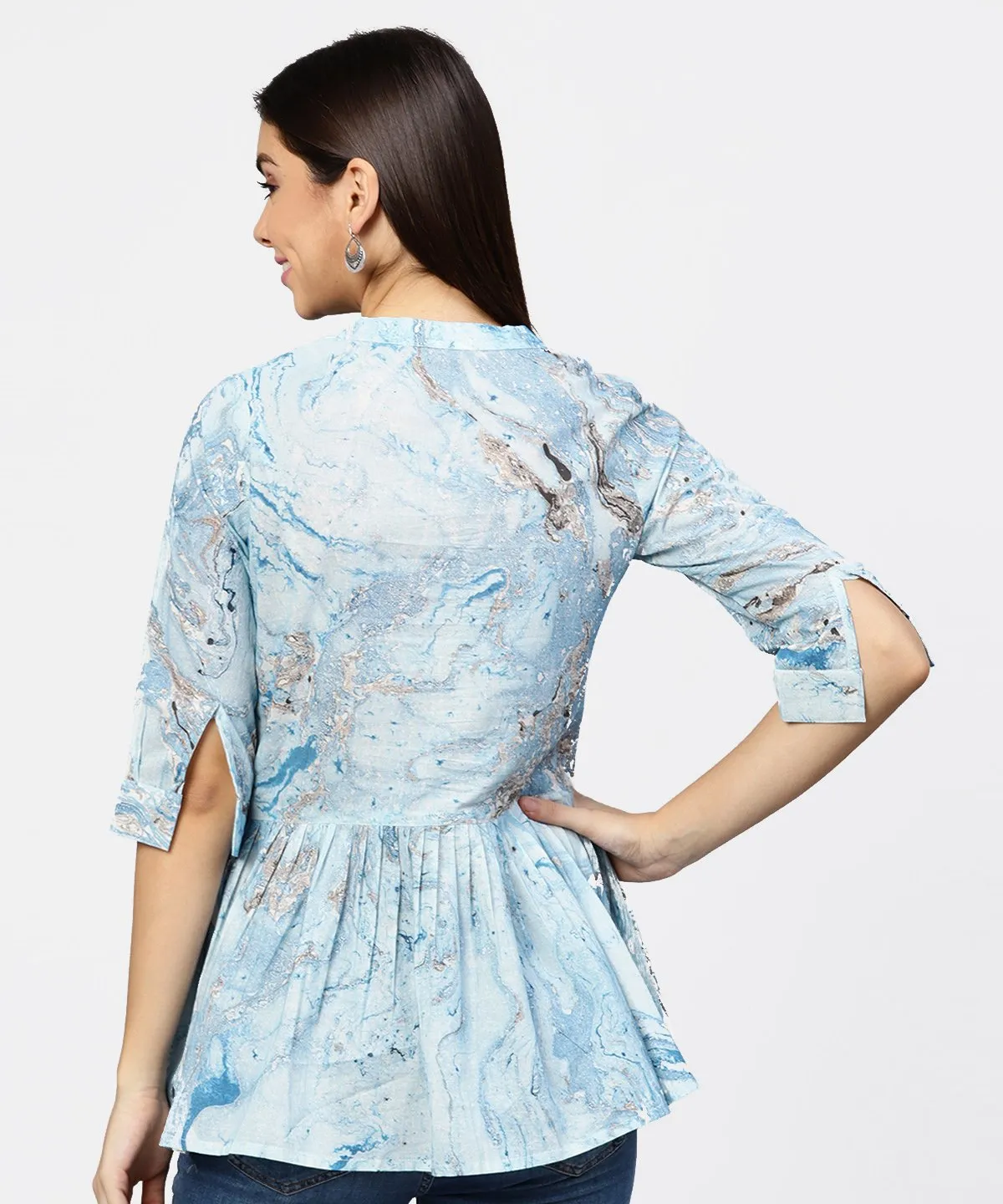 Marble Printed Chinese Collared, Pleated Yoke With 3/4Th Sleeves Top