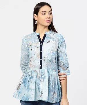 Marble Printed Chinese Collared, Pleated Yoke With 3/4Th Sleeves Top