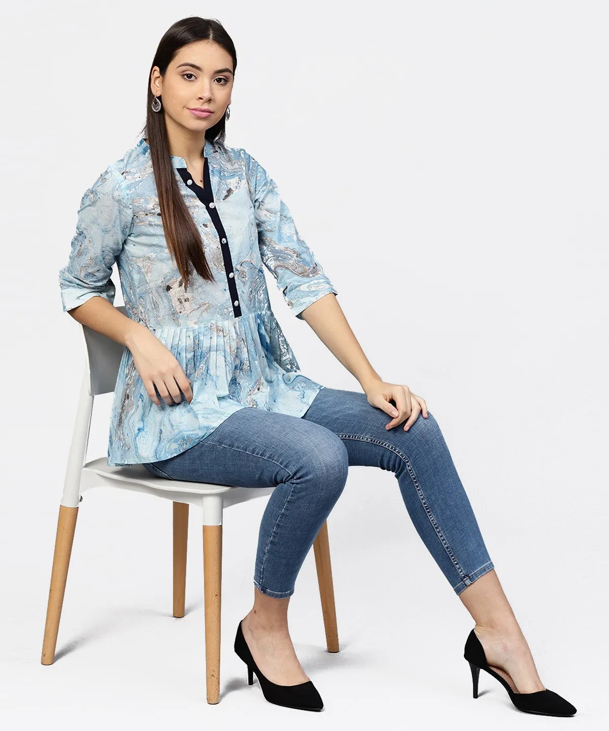 Marble Printed Chinese Collared, Pleated Yoke With 3/4Th Sleeves Top