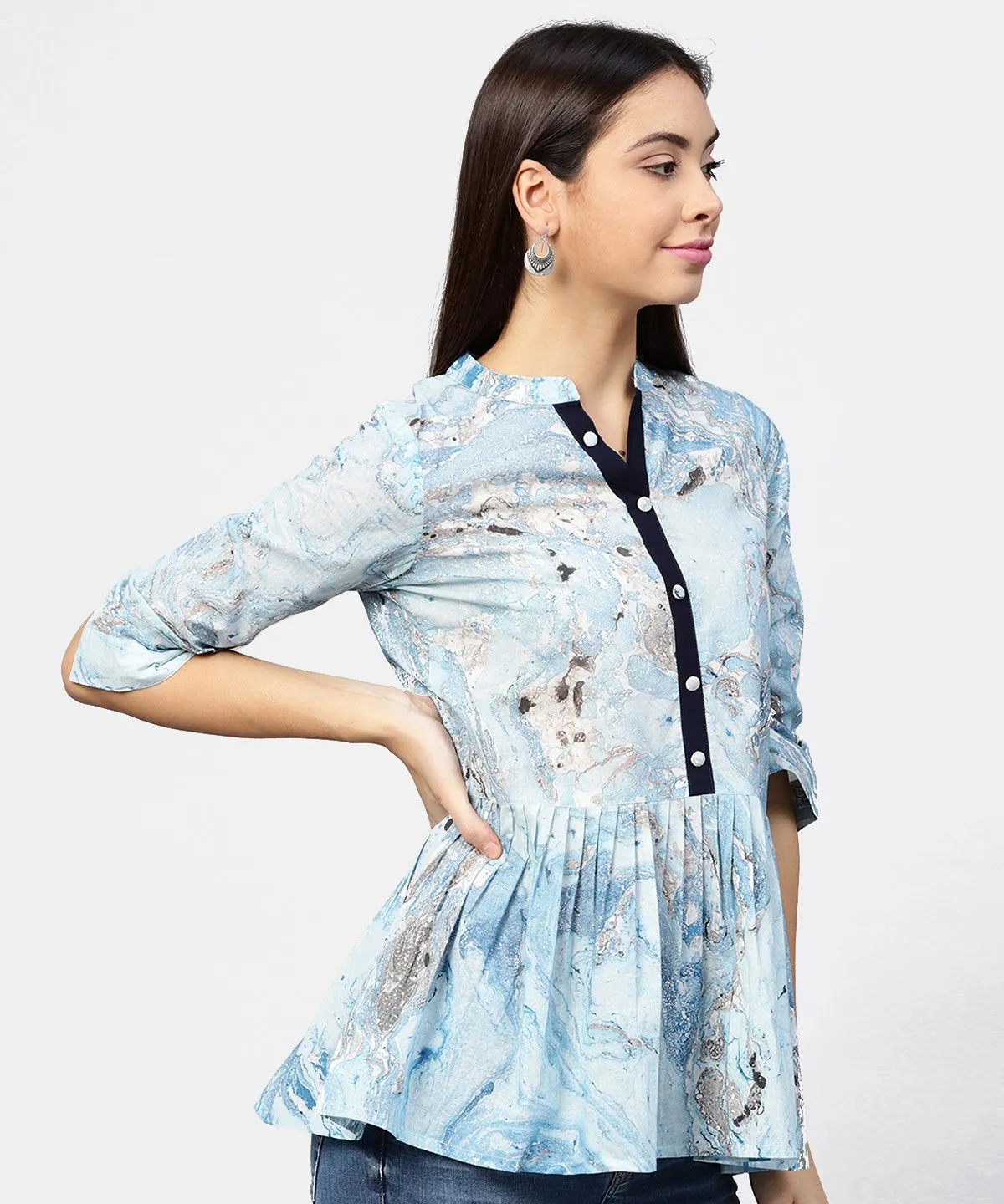 Marble Printed Chinese Collared, Pleated Yoke With 3/4Th Sleeves Top