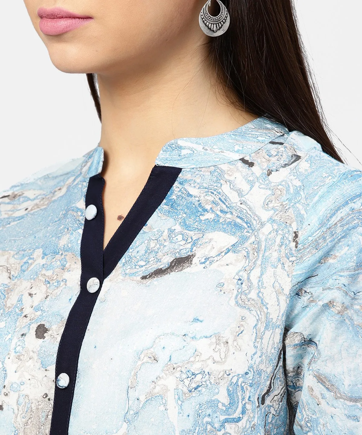 Marble Printed Chinese Collared, Pleated Yoke With 3/4Th Sleeves Top