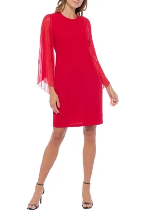 Marina Crew Neck Long Chiffon Sleeve Keyhole Back Solid Stretch Crepe Dress