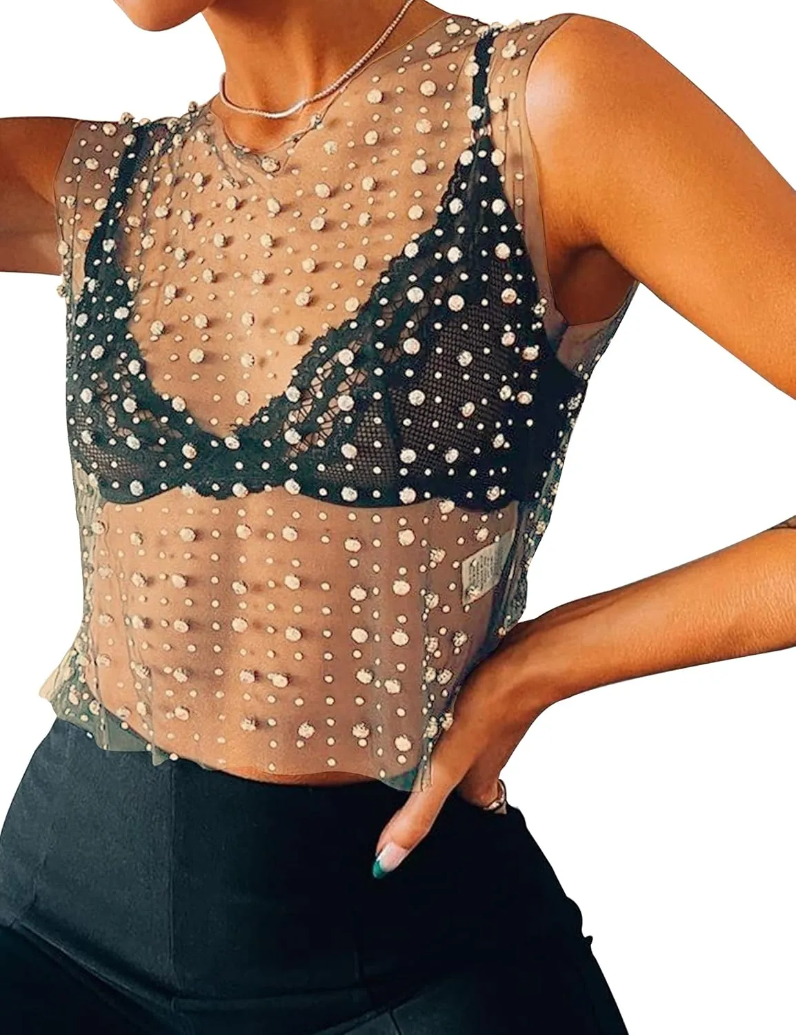 Meladyan Women Sexy Sheer Mesh Diamond Rhinestone Crop Tank See Through Hollow Out Sleeveless Crewneck Cropped Going Out Top