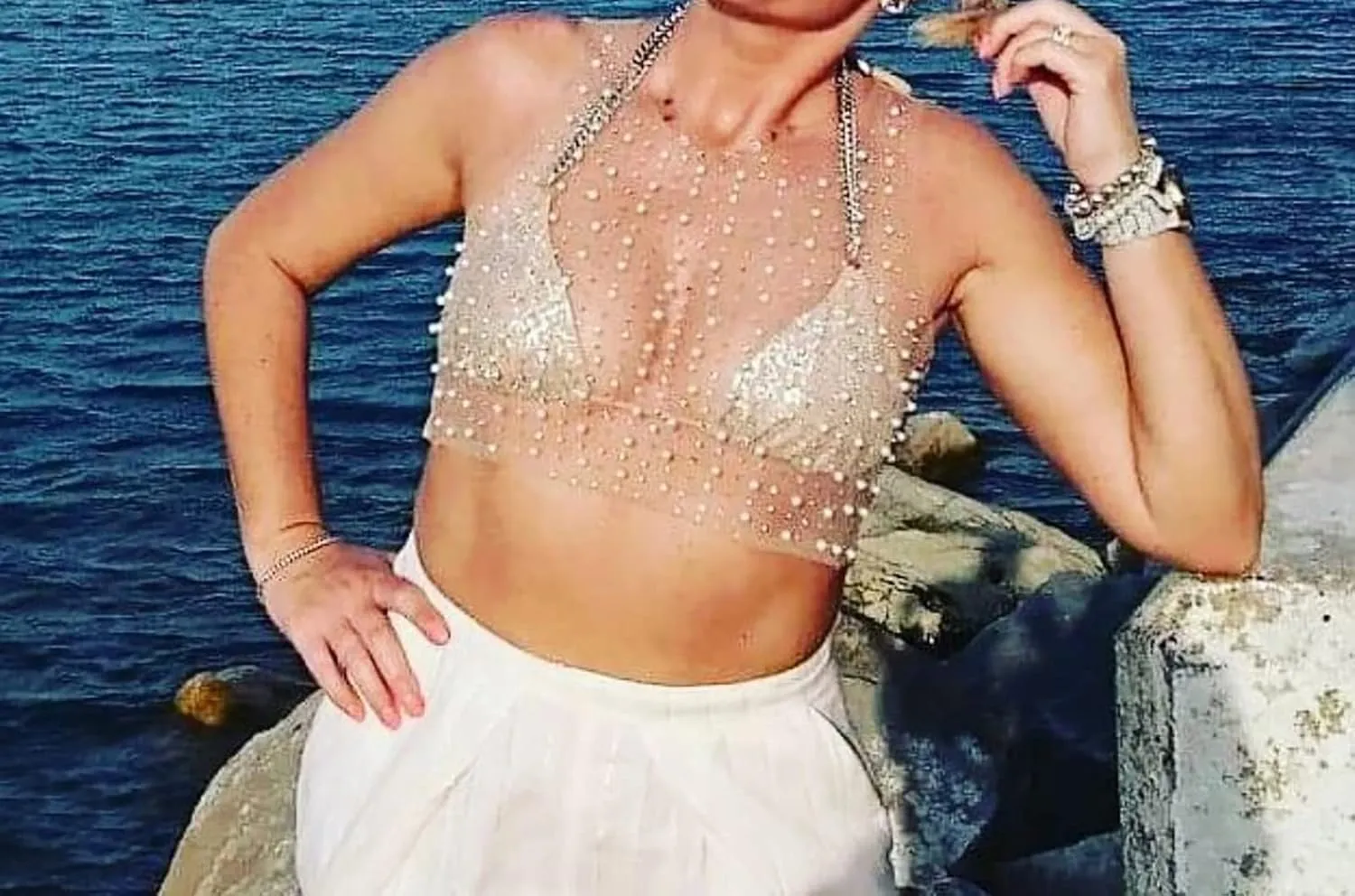 Meladyan Women Sexy Sheer Mesh Diamond Rhinestone Crop Tank See Through Hollow Out Sleeveless Crewneck Cropped Going Out Top