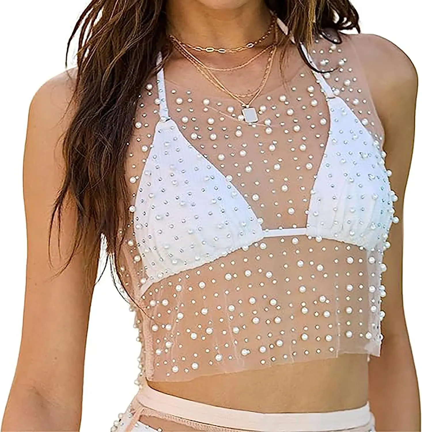 Meladyan Women Sexy Sheer Mesh Diamond Rhinestone Crop Tank See Through Hollow Out Sleeveless Crewneck Cropped Going Out Top