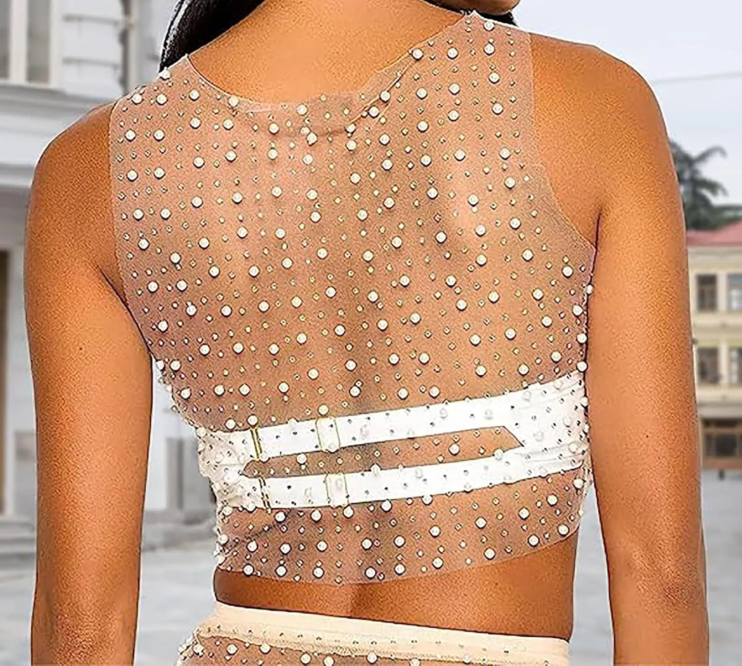 Meladyan Women Sexy Sheer Mesh Diamond Rhinestone Crop Tank See Through Hollow Out Sleeveless Crewneck Cropped Going Out Top