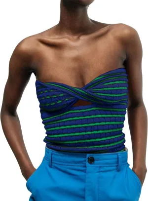 Meladyan Women Twist Front Striped Cutout Knitted Crop Tube Top Bandage Strapless Sleeveless Bandeau Cropped Shirt