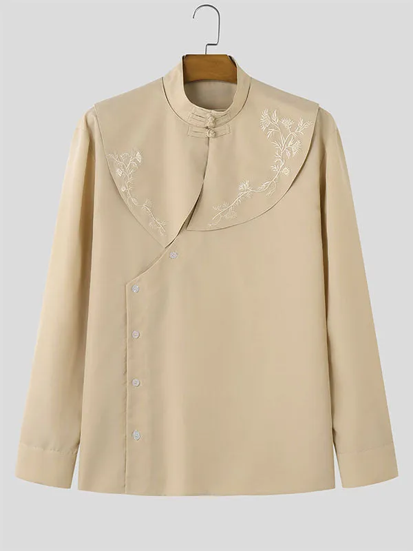 Mens Floral Embroidered Frog Button Long Sleeve Shirt SKUK39061