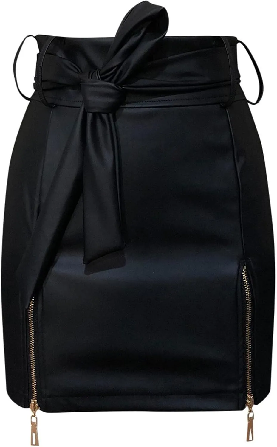 Midi Pencil Skirts for Women's Knee Length Faux Leather Skirts with Belt High Waisted Front Slit Pencil Skirt