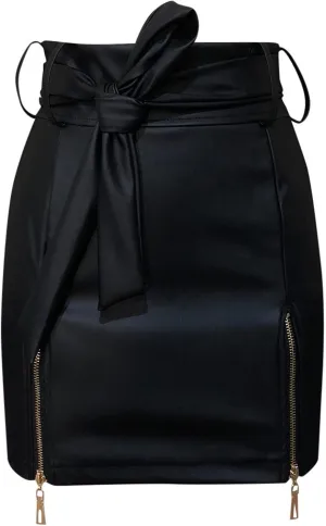 Midi Pencil Skirts for Women's Knee Length Faux Leather Skirts with Belt High Waisted Front Slit Pencil Skirt