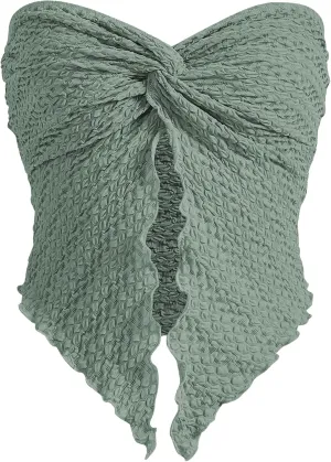 MISSACTIVER Women Twist Knot Front Texture Bandeau Top Sexy Strapless Sleeveless Split Hem Lettuce Trim Tube Crop Top Corset