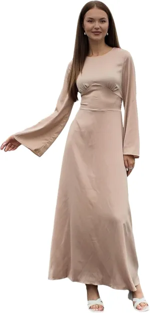 Modest Satin Maxi Dress for Women Long Sleeve Floor Length Evening Gown Hijab Friendly A-Line Empire Waist