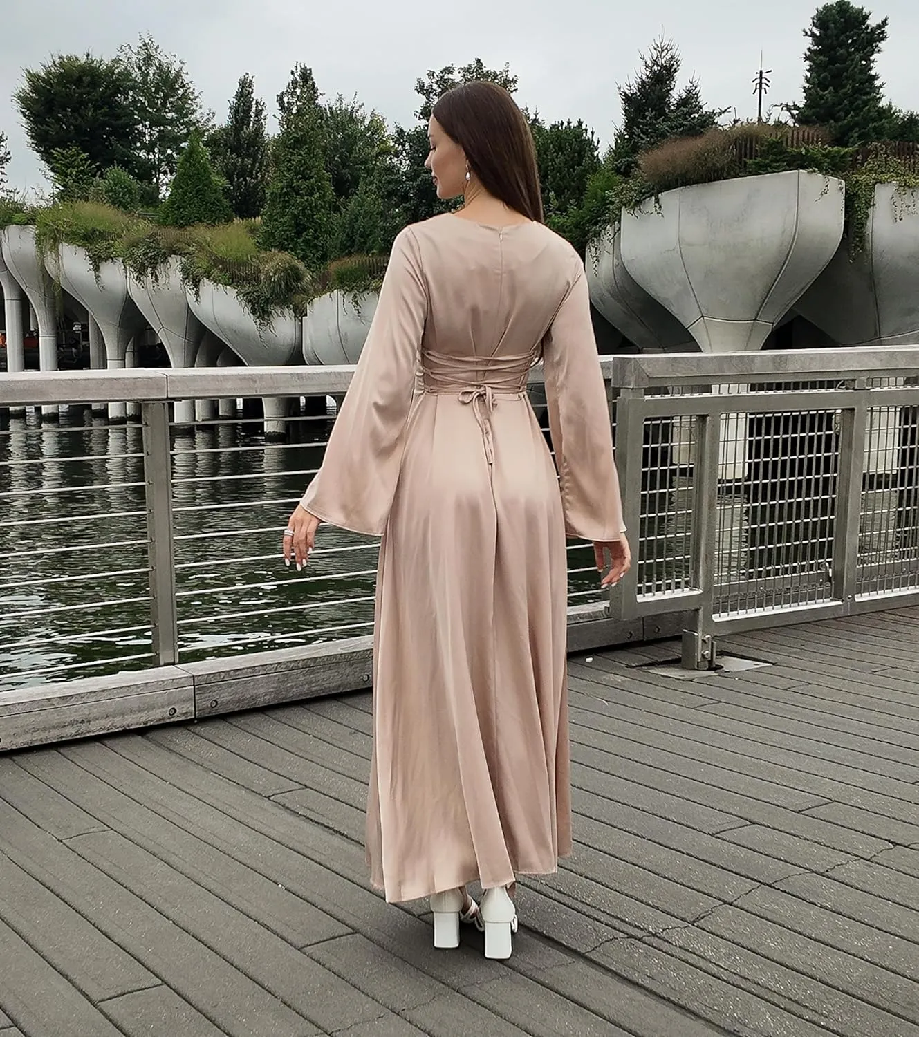 Modest Satin Maxi Dress for Women Long Sleeve Floor Length Evening Gown Hijab Friendly A-Line Empire Waist