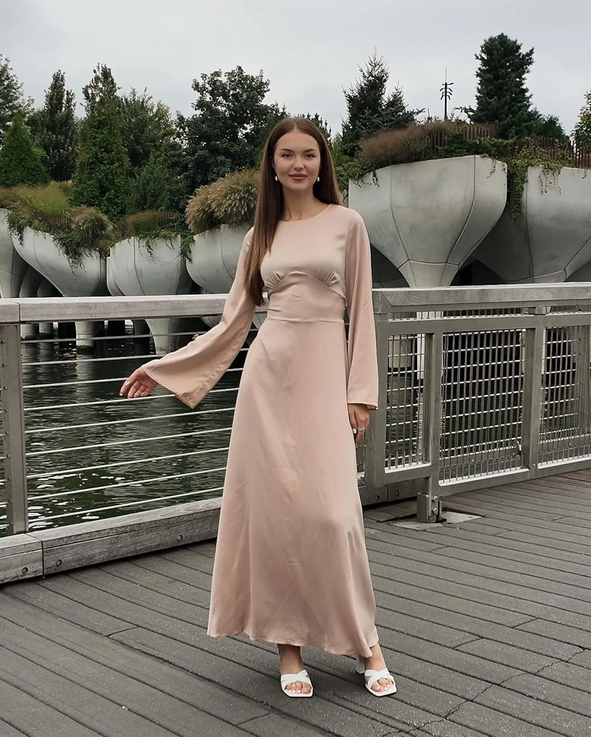 Modest Satin Maxi Dress for Women Long Sleeve Floor Length Evening Gown Hijab Friendly A-Line Empire Waist