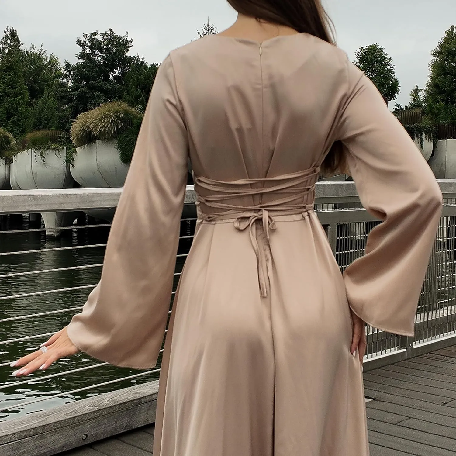 Modest Satin Maxi Dress for Women Long Sleeve Floor Length Evening Gown Hijab Friendly A-Line Empire Waist