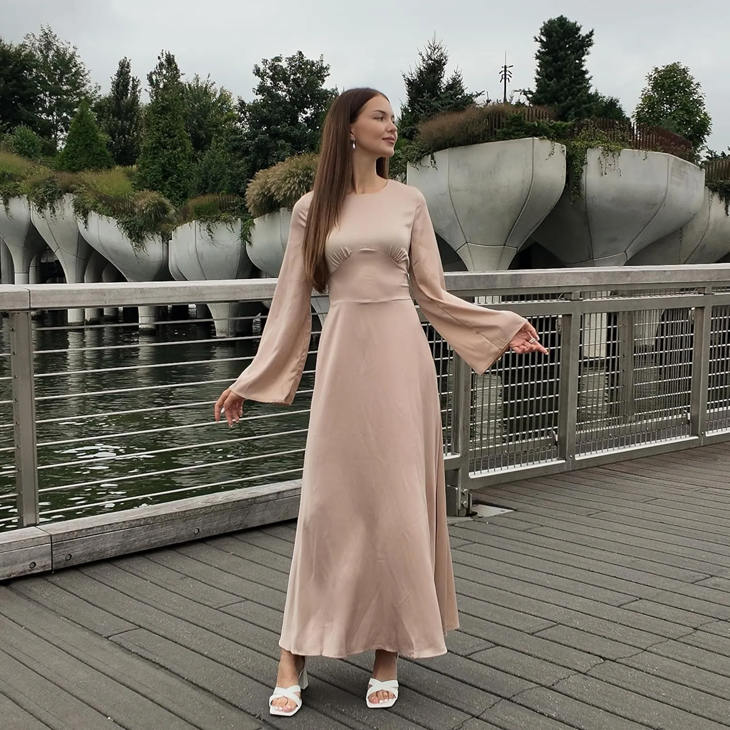 Modest Satin Maxi Dress for Women Long Sleeve Floor Length Evening Gown Hijab Friendly A-Line Empire Waist