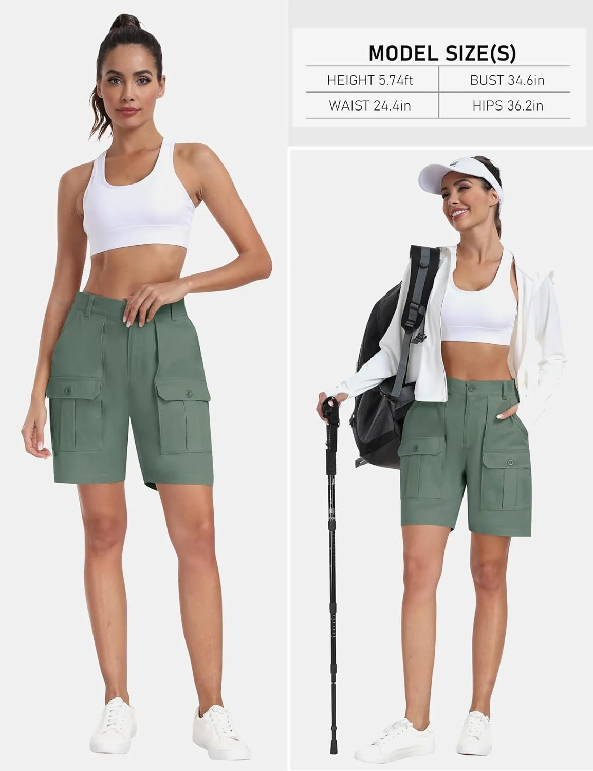 MoFiz Women's Cargo Bermuda Shorts Long Cotton Hiking Twill Chino Shorts Elastic Waist for Summer Casual Golf Travel Outdoor